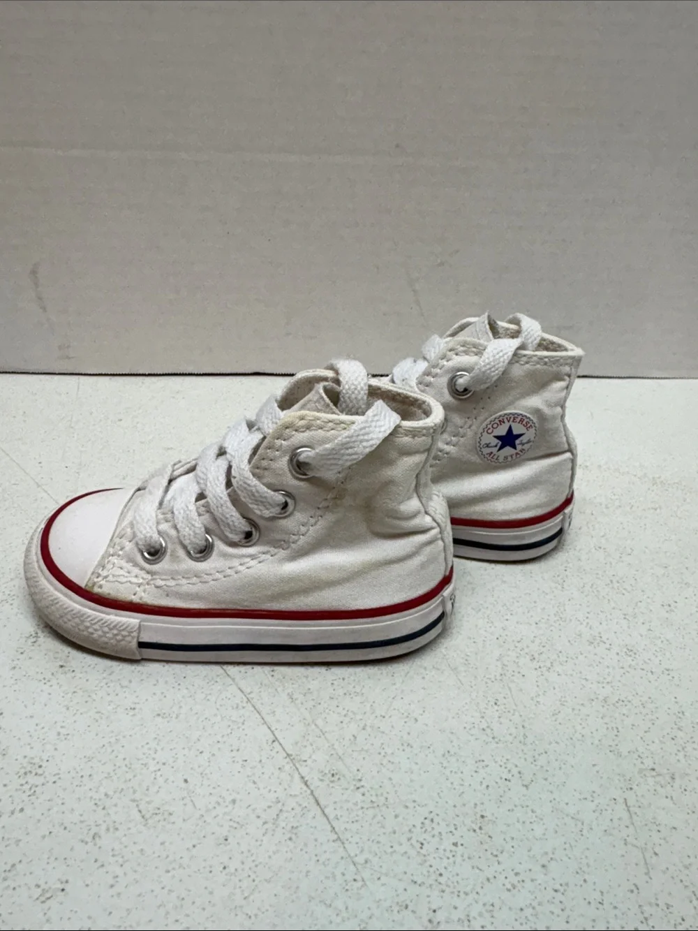 Converse White High Top Kids Sneakers with Red & Blue Trim